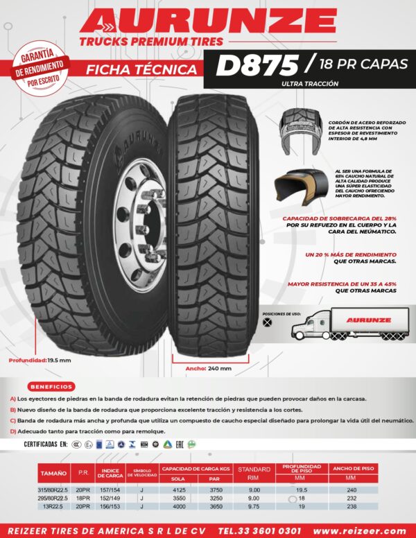 AURUNZE D875 <br>295-80R22.5-18PR / Traccion<br> - Imagen 4